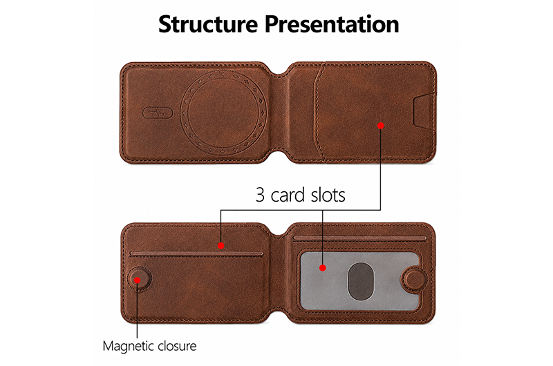 3-Card Slot Magnetic Leather Phone Card Holder with RFID Blocking and Folding Kickstand (Support OEM/ODM)